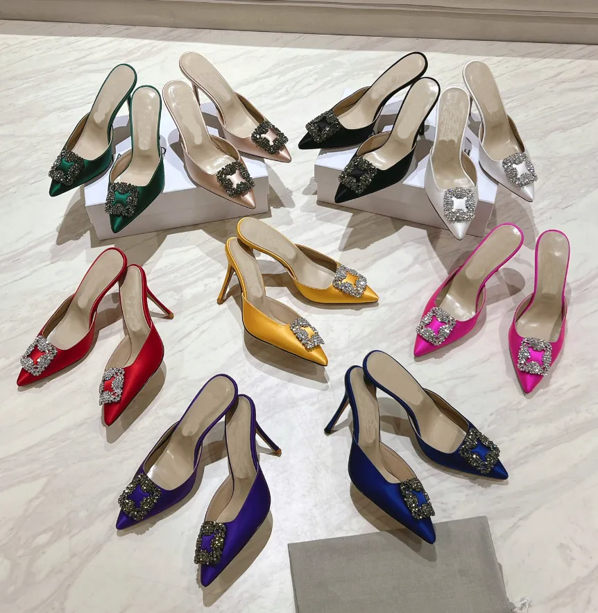 High Heels Designer Shoes Women Sandals Slipper 8cm Black Satin Jewel Buckle Mules Slip on Closed Toe Girls Flip flop Slide Mules
