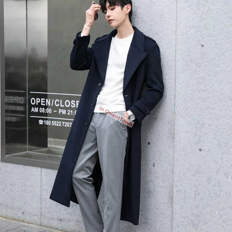 Black Hong Kong Trend Extra Length Overcoat Loose Handsome Over the Knee Trendy Casual Long Jacket Men Woolen Trench Coat in001 XJ250809