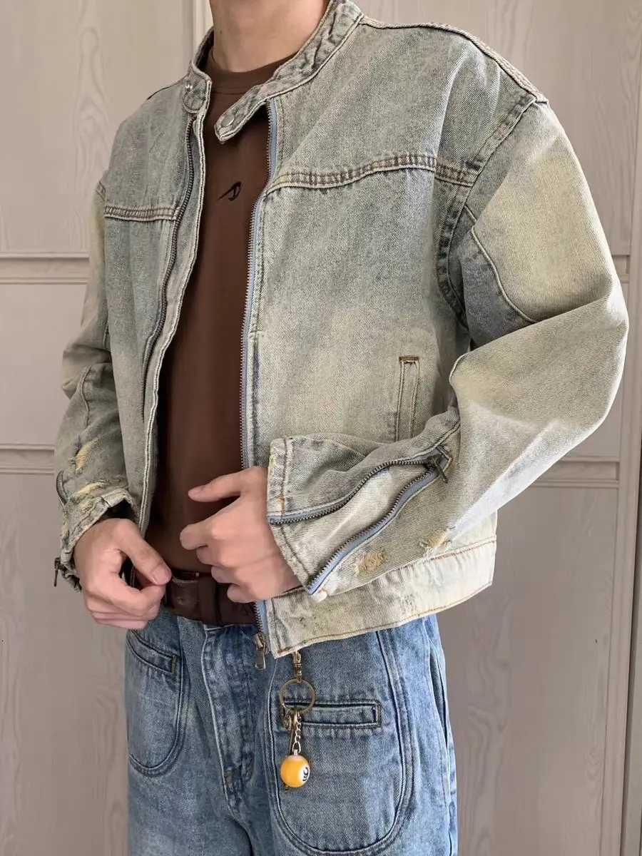 Retro Heavyweight Jackets with Stand Up Collar Design Mens Japanese Washed Denim Jacket Men Harajuku Gothic Fashion Mens Jackets W250809