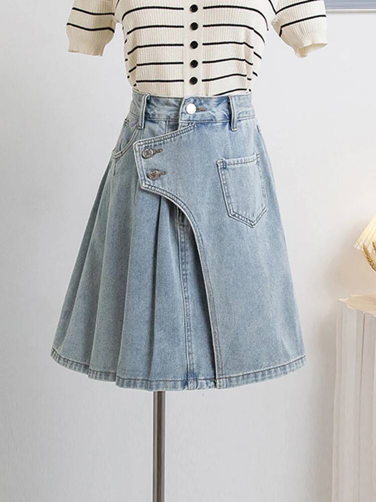 2025 summer new women's plus size denim A-line underskirt summer new Korean fashion pleated skirt Midi denim skirt women's fashion blue deni