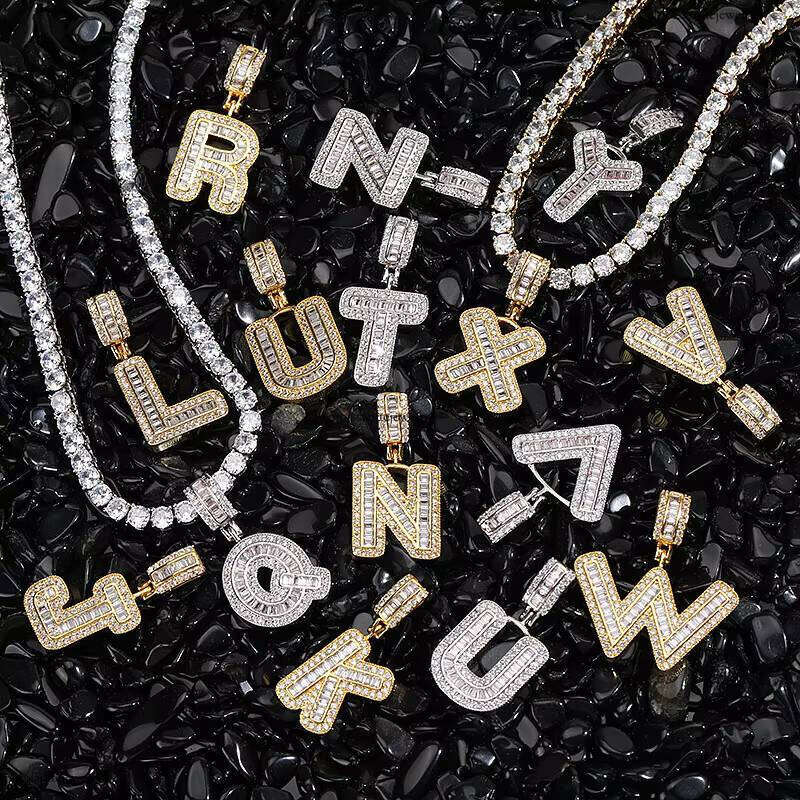 Iced Out Baguette Initials Pendant Men's Hip Hop Name Plate Letters Necklace for Men