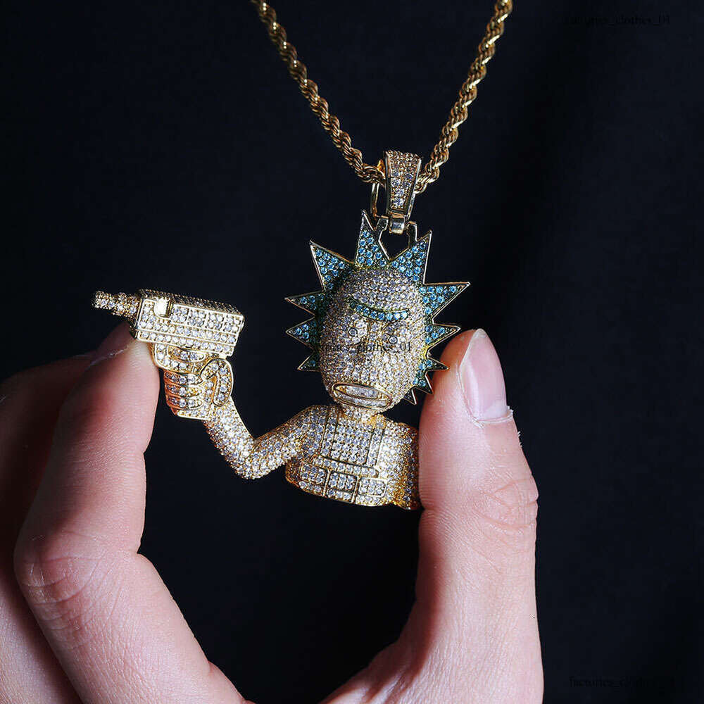 Punk Style Cartoon Rick Anime Character Personality Hip-Hop Pendant Full Moissanite chain Large Necklace Accessory