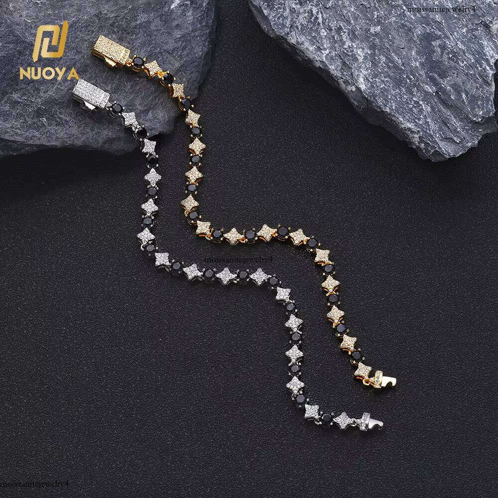 NUOYA High Quality Star Shape Chain with Black CZ Stone 6mm Sier Plated Tennis Bracelet Hip Hop Jewelry for Women/Men
