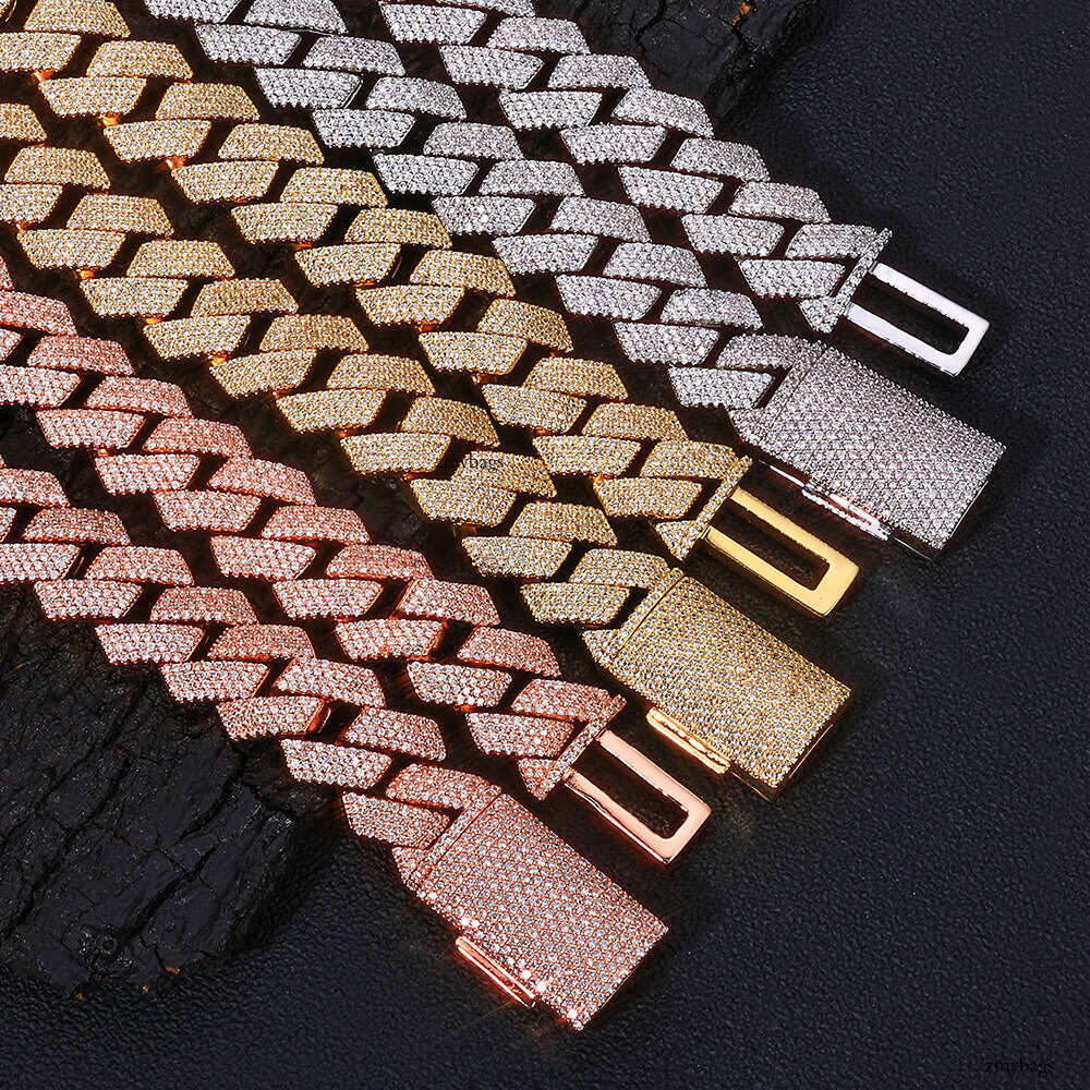 Hip-Hop Moissanite chain 15mm Flip Clasp Four-Row Inlaid Dia Rhombus Cuban Chain Jewelry Men's Necklace