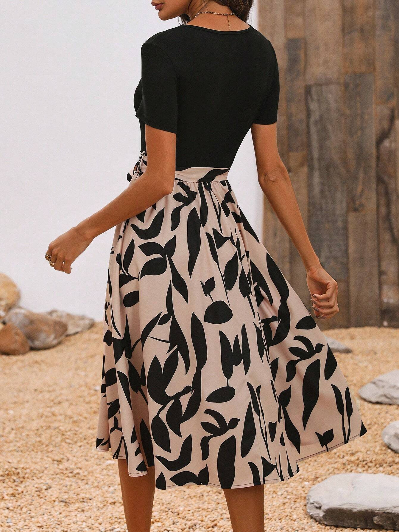 Women's printed high-waisted lace-up midi skirt