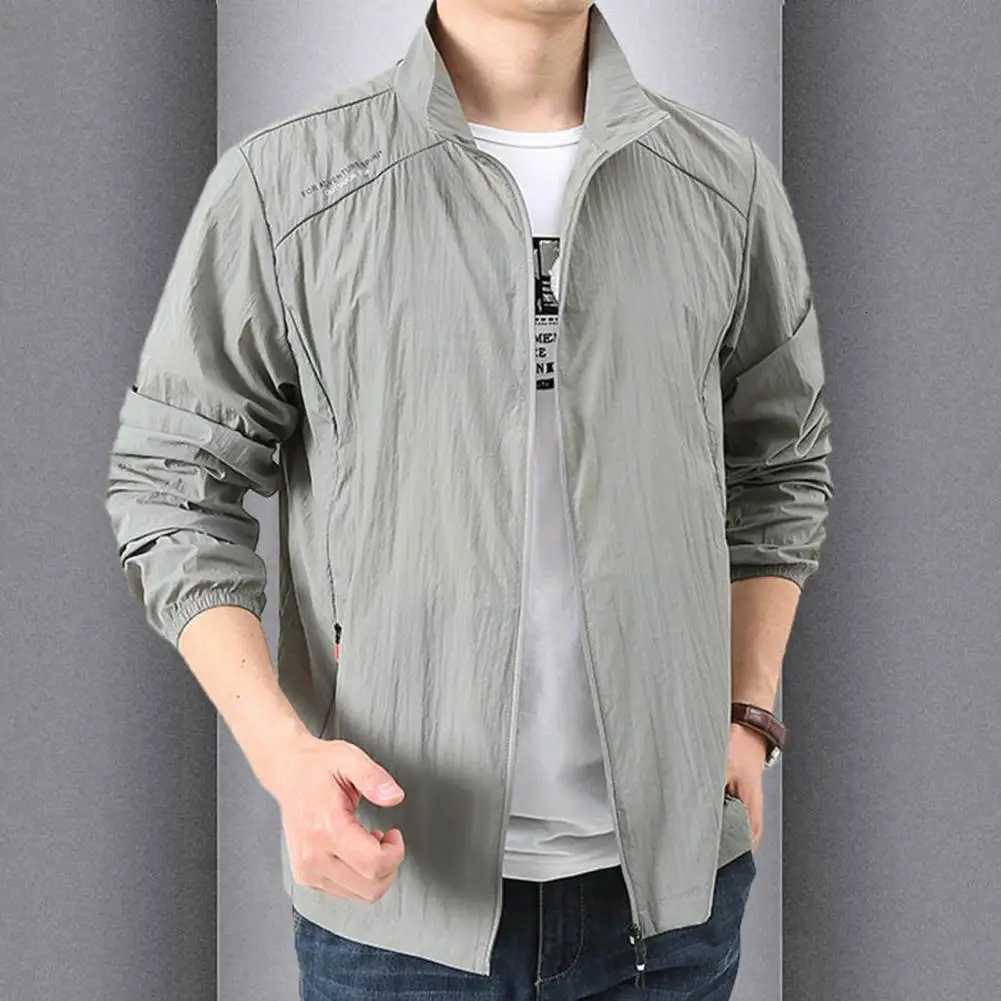 Men Summer Jackets Casual Lapel Long Sleeve Solid Color Male Sun Coat Loose Fit Zipper Placket Windproof Men Outerwear for Outdoor W250809
