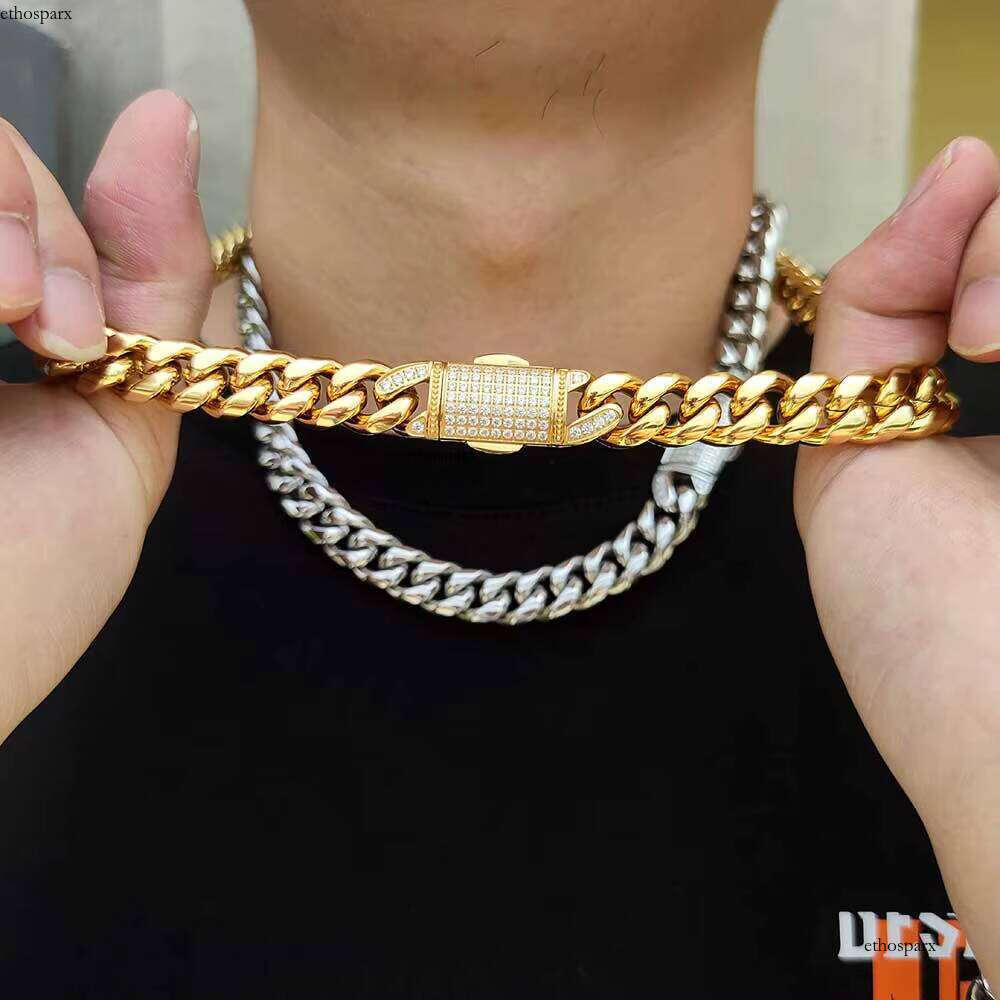 NUOYA 12mm HipHop Full Dia Clasp Link Gold Plated Stainless Steel Miami Cuban Chain Necklace Men