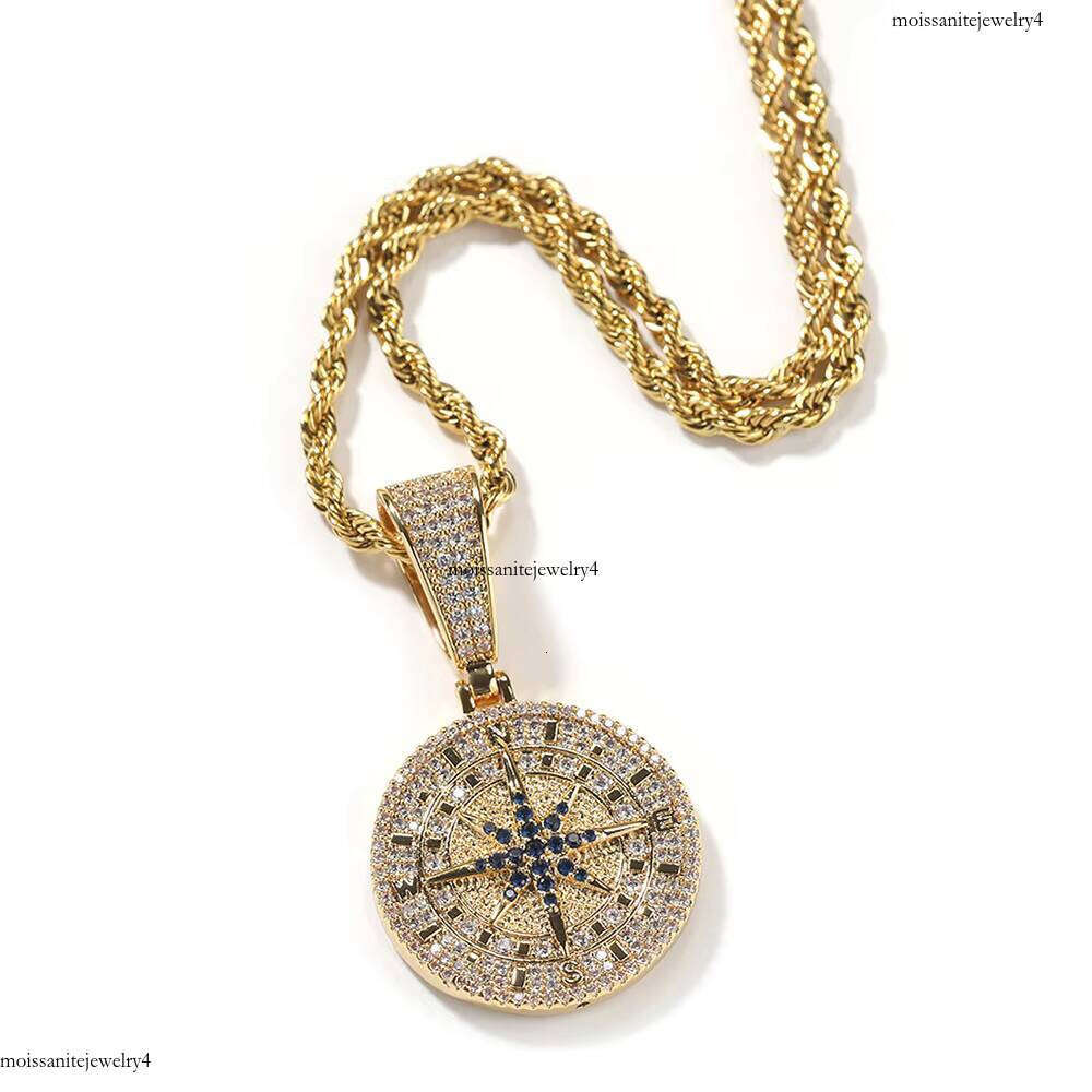 NUOYA Full Iced Out Dia Coin White Gold Plated Brass Micro Pave Blue Zircon Compass Charm Pendant