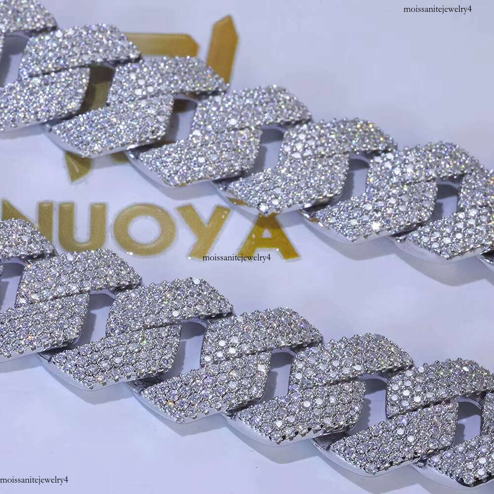 NUOYA Iced Out 15mm Cuban Link Bracelet Sier Hip Hop Jewelry Shiny VVS Moissanite Men's Chain