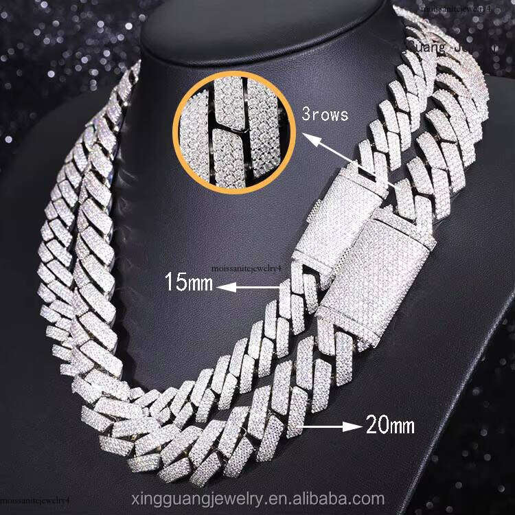 Hot Sale 20 mm Wide 2/3/4 Row VVS Moissanite Dia Cuban Link Chain S Sier Hip Hop Fine Jewelry Necklace Bracelet