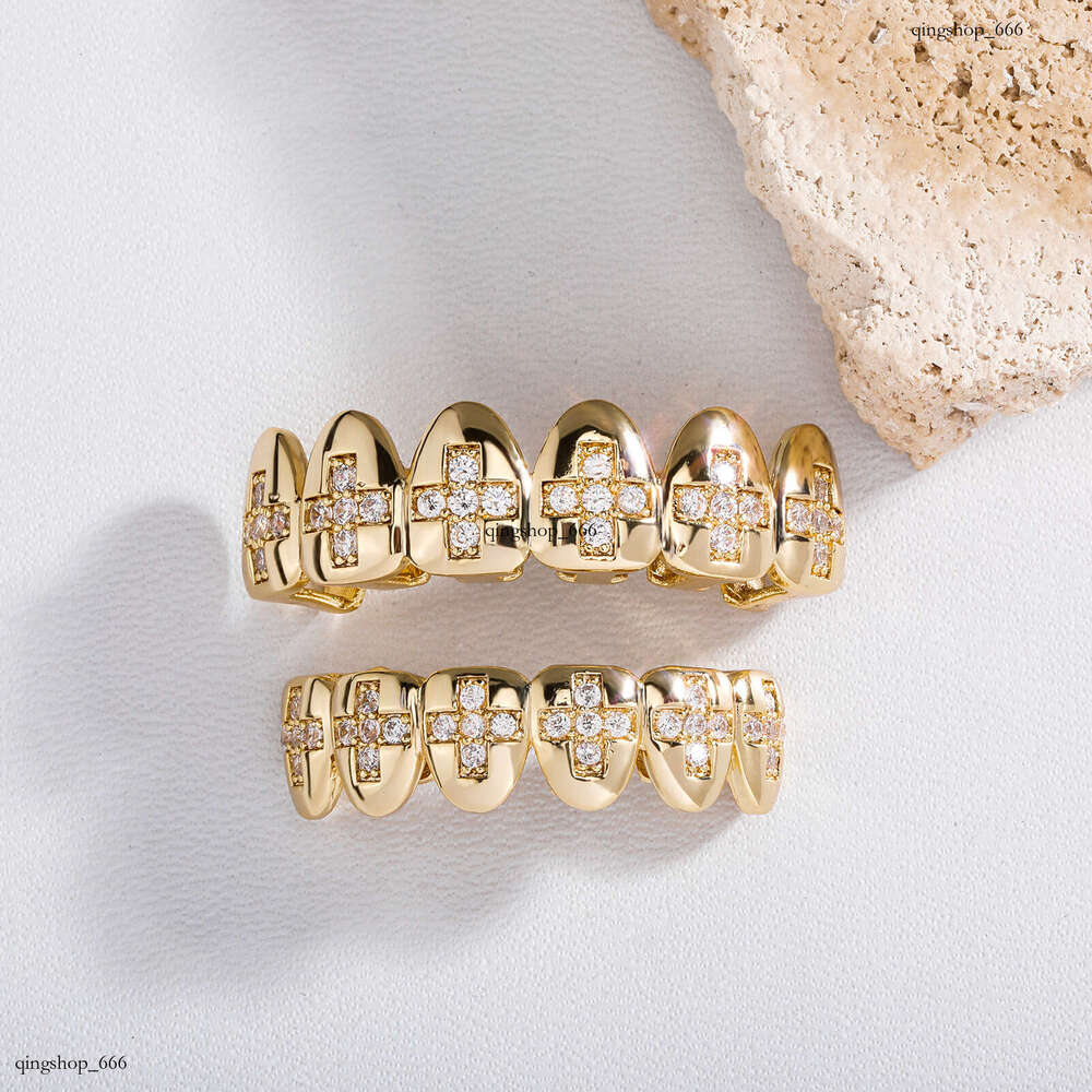 Micro Inlaid Round Zircon Cross Braces Halloween Funny Men's Personality Big Gold Teeth Grills