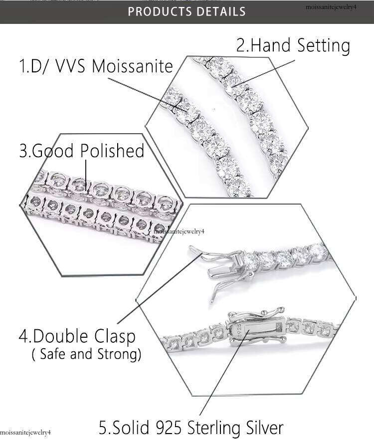 Factory Wholesale Sier VVS Moissanite Tennis Chain 2mm 3mm 4mm 5mm 6.5mm Bracelet Necklace Hip Hop Style for Pendant