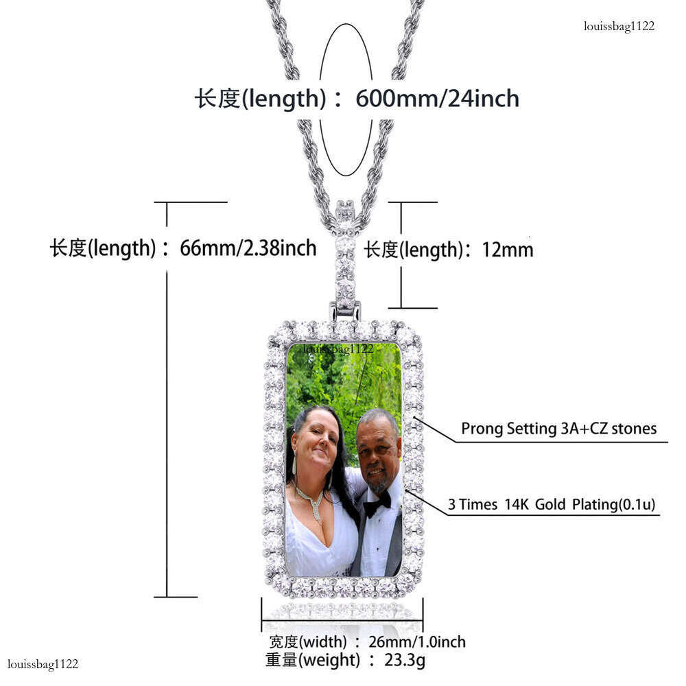 Trendy Double Row Inlaid Moissanite chain Square Frame Pendant Personality Hip-Hop Style Photo Memory Medal Necklace Jewelry