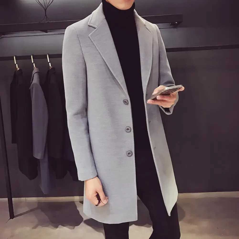 Woolen Fabric Overcoat Elegant Mens Woolen Suit Coat with Lapel Slim Fit Single-breasted Mid-length Jacket for Autumn Winter XJ250809