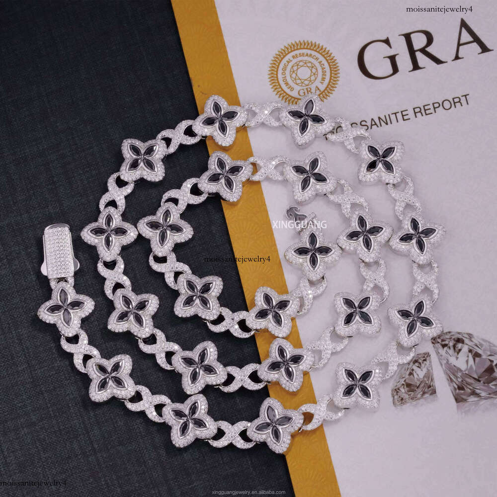 Fashion Black Dia Marquise Cut Moissanite Clover Charms Infinity Links Sterling Sier Cuban Link Chain Jewelry