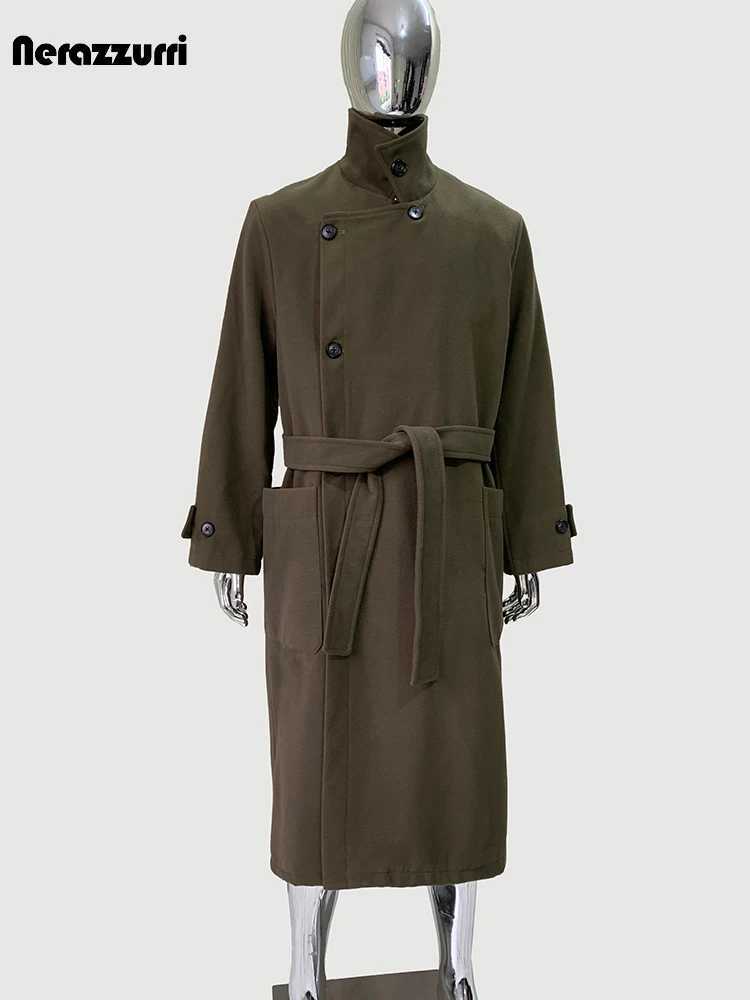 Nerazzurri Spring Autumn Winter Long Thick Soft Warm Black Wool Blends Coat Men Sashes Luxury Elegant Chic Woolen Overcoat 2025 XJ250809