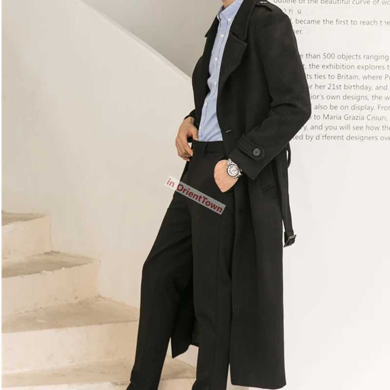 Black Hong Kong Trend Extra Length Overcoat Loose Handsome Over the Knee Trendy Casual Long Jacket Men Woolen Trench Coat in001 XJ250809