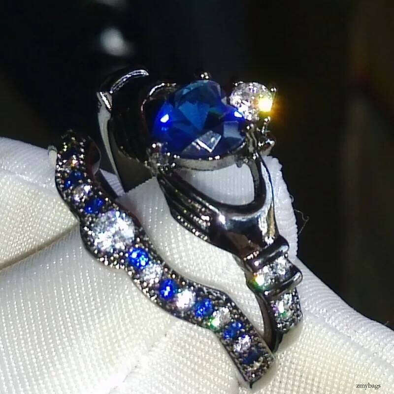 Wholesale Free Shipping Heart Jewelry sterling sier black gold pated Blue Sapphire CZ Dia Wedding Bridal Women Ring Size 5-11