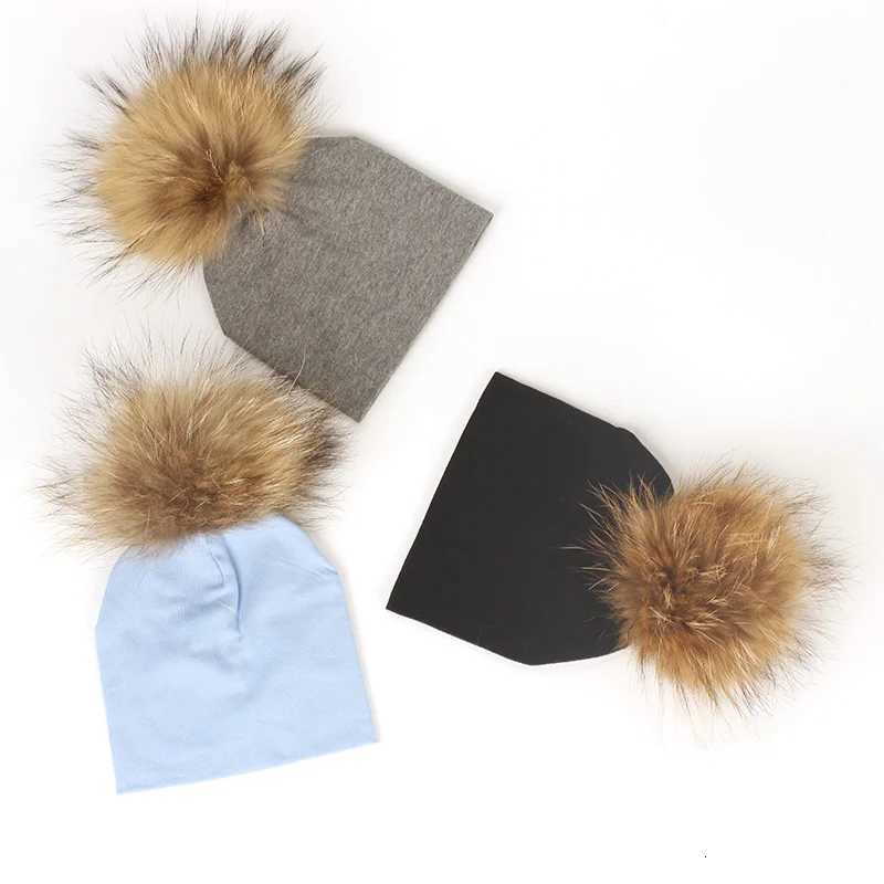 0-3 Months Baby Boys Soft Cotton Real Fur Pom Beanies Hats For Newborn Girls Spring Autumn Kids Infants Toddler Hats XJ250809 - view 4