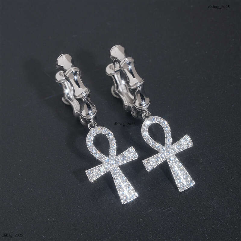 ICED OUT Sier Inlaid Zircon Cross Earrings Personality Studs Hip Hop