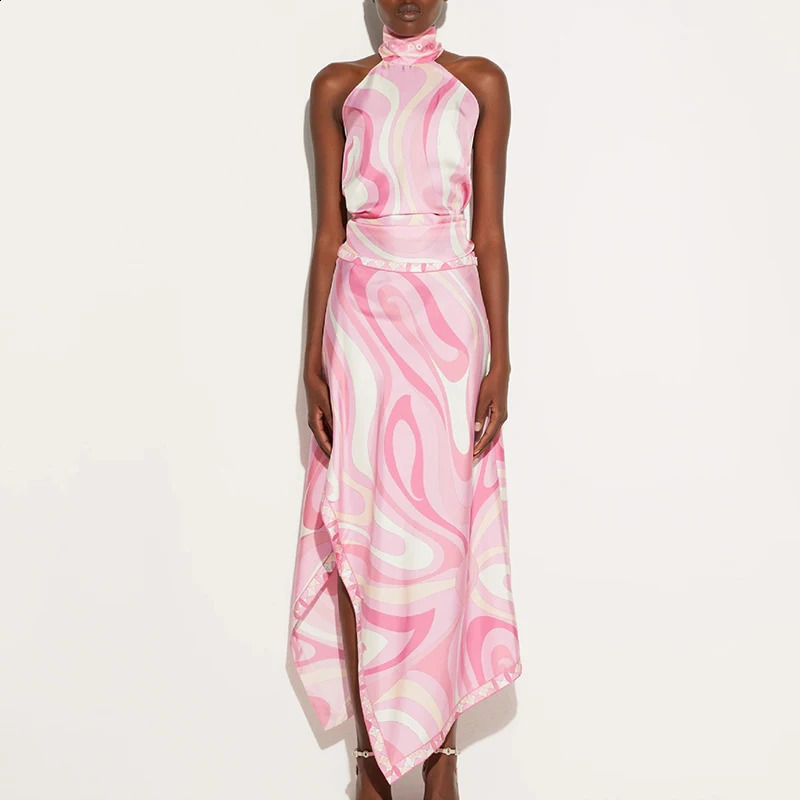 Satin Print Irregular Two Piece Sets Sexy Hanging Neck Top and Long Skirt Party Suit Fashion Backless Hollow Out Beach Outfits 250808