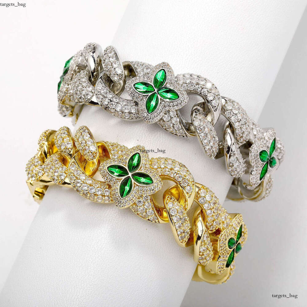 Hip Hop 20mm Four-Leaf Clover Green Personality Cuban Chain Spring Buckle Men's Bracelet