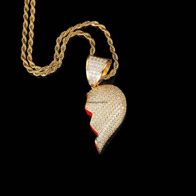 Hip Hop Iced Out Drop CZ Broken for Couples Half Heart Couple Necklace