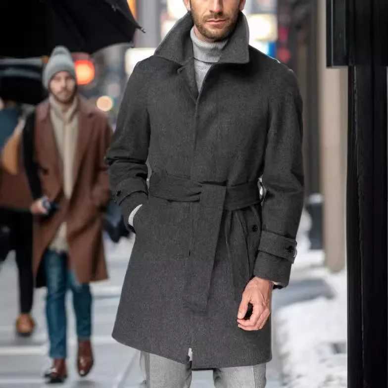 Mens Raglan Sleeve Woolen Coat for Autumn and Winter 2024 Fashionable Lapel Mid-long Style Woolen Belt Casual Jacket S-XXL XJ250809