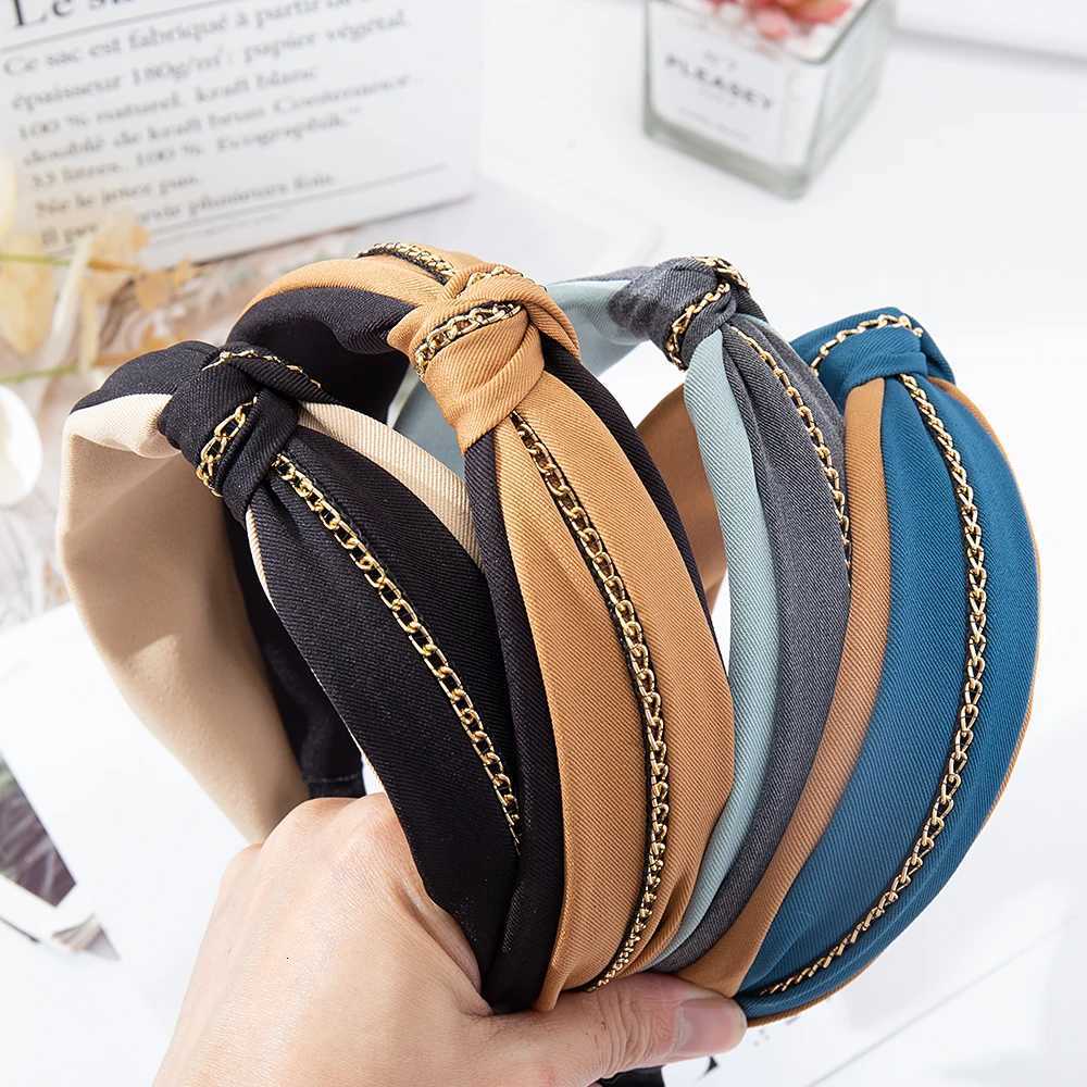 Wide Top Knot Hair Bands For Women Solid Color Chain Bow Elastic Hair Bezel Girls Band Hair Hoop Female Hair Accessories Y250809