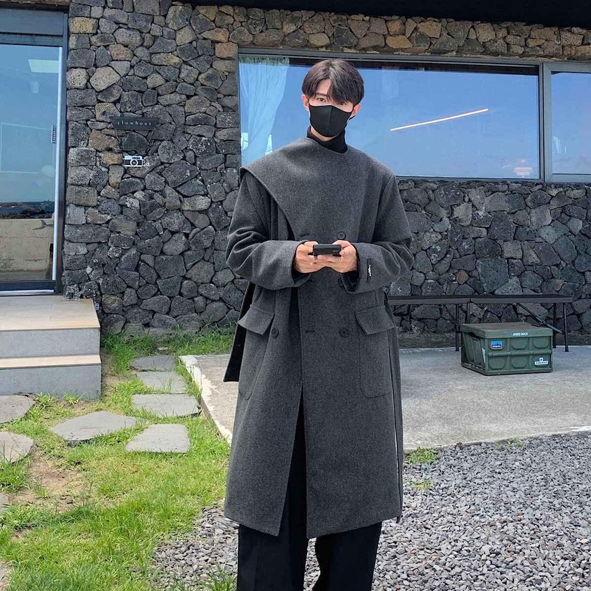 Men Woolen Coat Autumn Winter Fashion Trend Korean Fashion Versatile Thickened Double Breasted Long Solid Color Mens Trench XJ250809