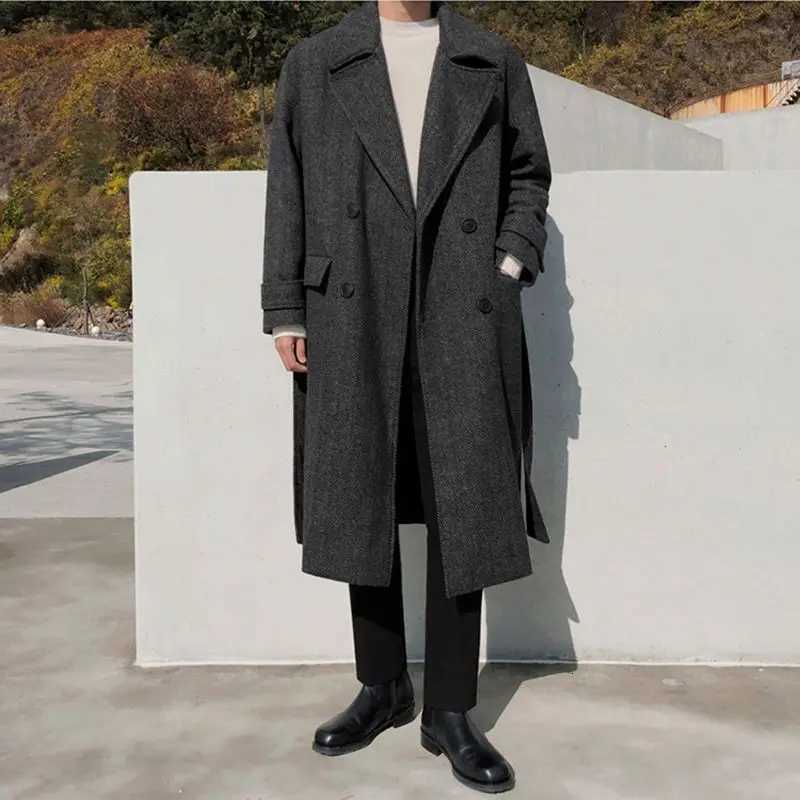 Gmiixder Winter Thickened Woolen Coat Mens Korean Elegant Over-the-knee Mid-length Windbreaker Loose Herringbone Woolen Jacket XJ250809