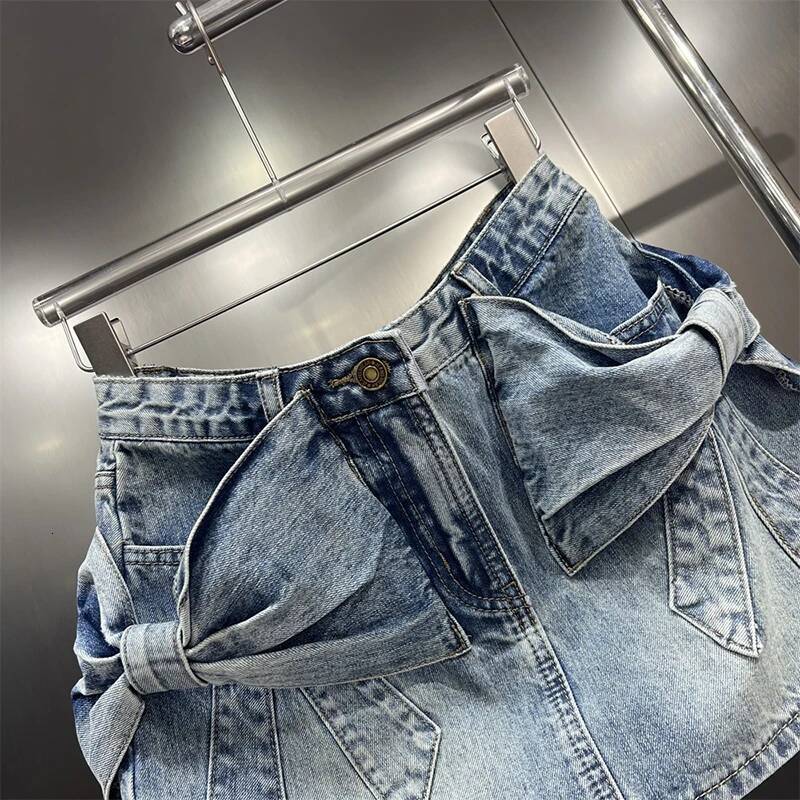 2025 Summer New Women's Bow Denim Mini fashion Skirt, Women's Fashion and Sexy Wrapped Butt Denim Skirt, New Designer