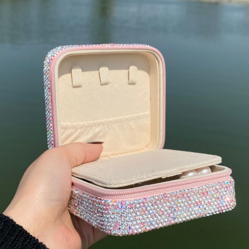 Elegant Diamond Decorated Storage Container with Mirrored Interior for Jewels