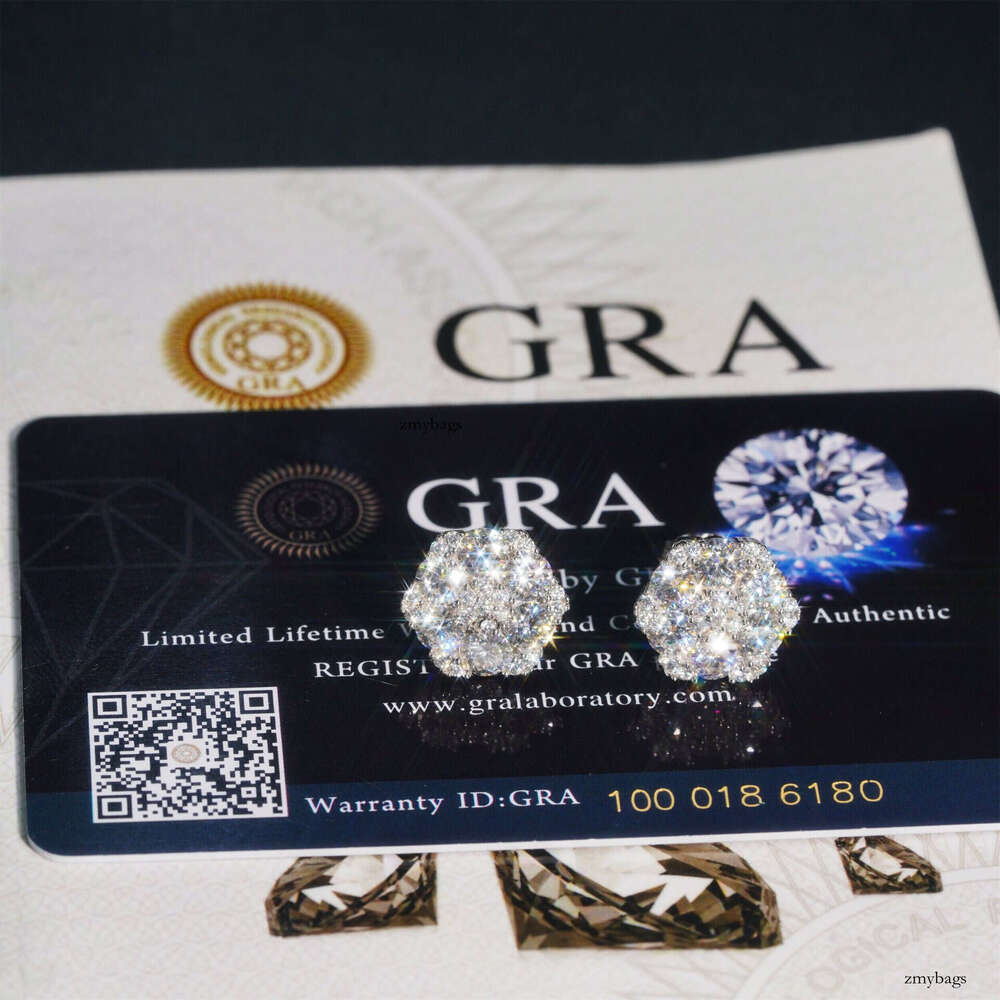 INS New Iced Out VVS Inlaid Moissanite Hexagonal Flower 13.5mm Stud Earrings
