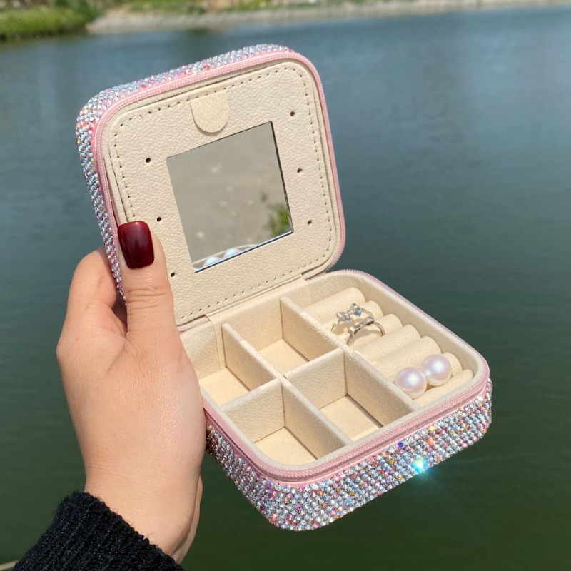 Elegant Diamond Decorated Storage Container with Mirrored Interior for Jewels