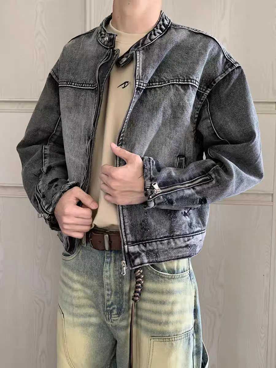 Retro Heavyweight Jackets with Stand Up Collar Design Mens Japanese Washed Denim Jacket Men Harajuku Gothic Fashion Mens Jackets W250809