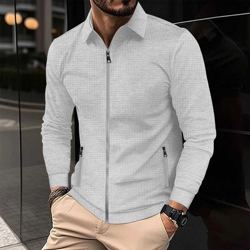 Slim Fit Mens Cardigan Jacket Flip Collar Waffle Design Long Sleeve Sportswear with Zipper Pocket Elegant Mens Jacket W250809