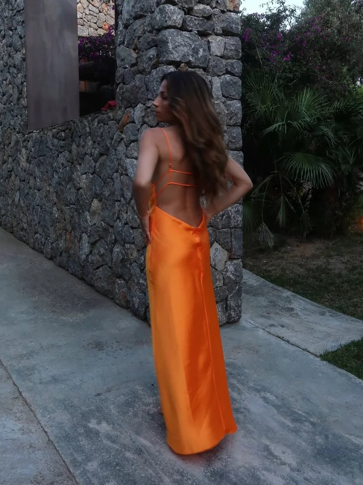 Orange Satin Lace Up Sling Long Dresse Fashion V Neck Backless Sleeveless Maxi Robe Summer Female Evening Party Club Gown 250804