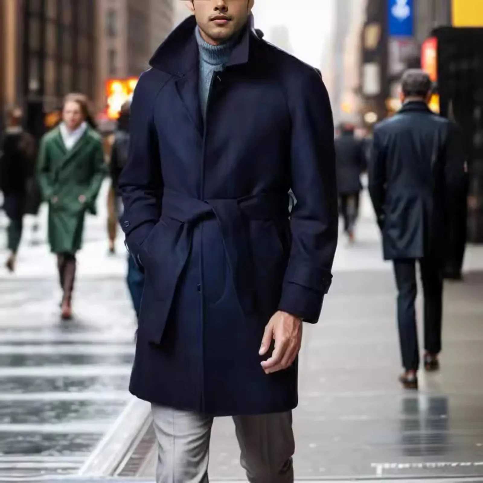 Vintage Woolen Windbreaker Mens Trench Coats Fall Winter Outdoor Fashion Lapel Buttoned Belt Mid Jackets Mens Casual Outerwear XJ250809