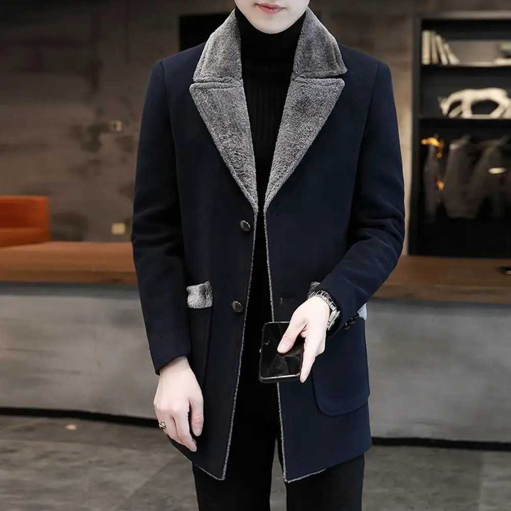 Men Business Jacket Medium Length Single-breasted Plush Collar Overcoat Autumn Winter Woolen Coat Windbreaker Mens Trench Coat XJ250809