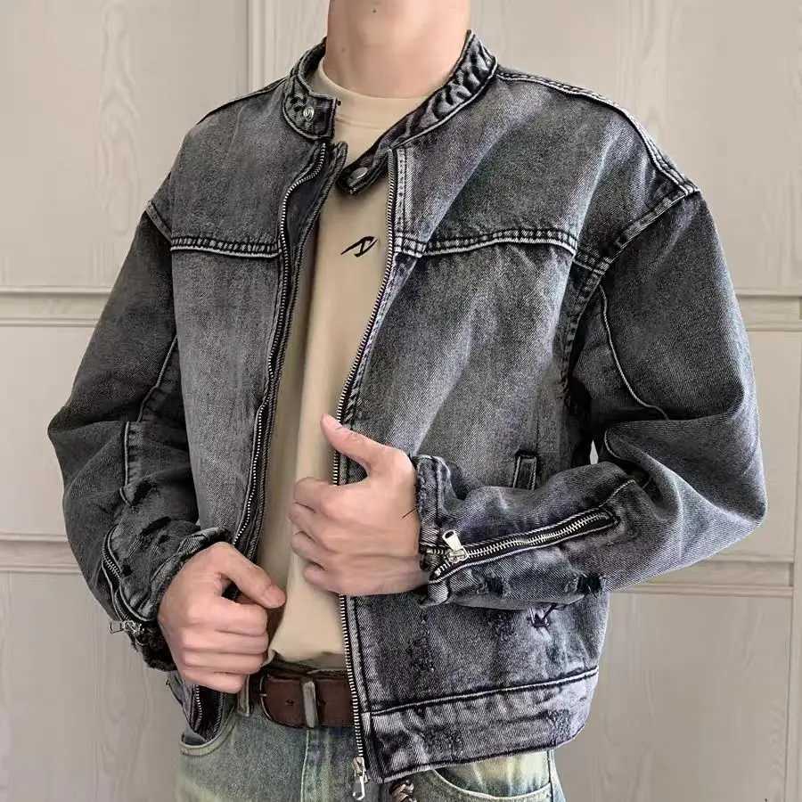 Retro Heavyweight Jackets with Stand Up Collar Design Mens Japanese Washed Denim Jacket Men Harajuku Gothic Fashion Mens Jackets W250809