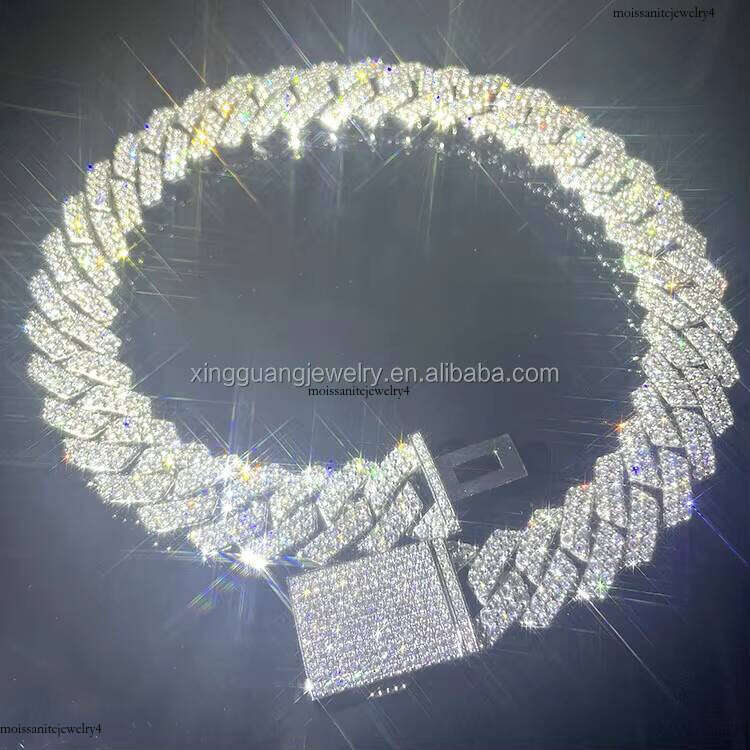 Pass Dia Tester GRA Moissanite 13mm 15mm 20mm Width 2rows S Solid Sier Cuban Link Chain for Rapper Hip Hop Necklace