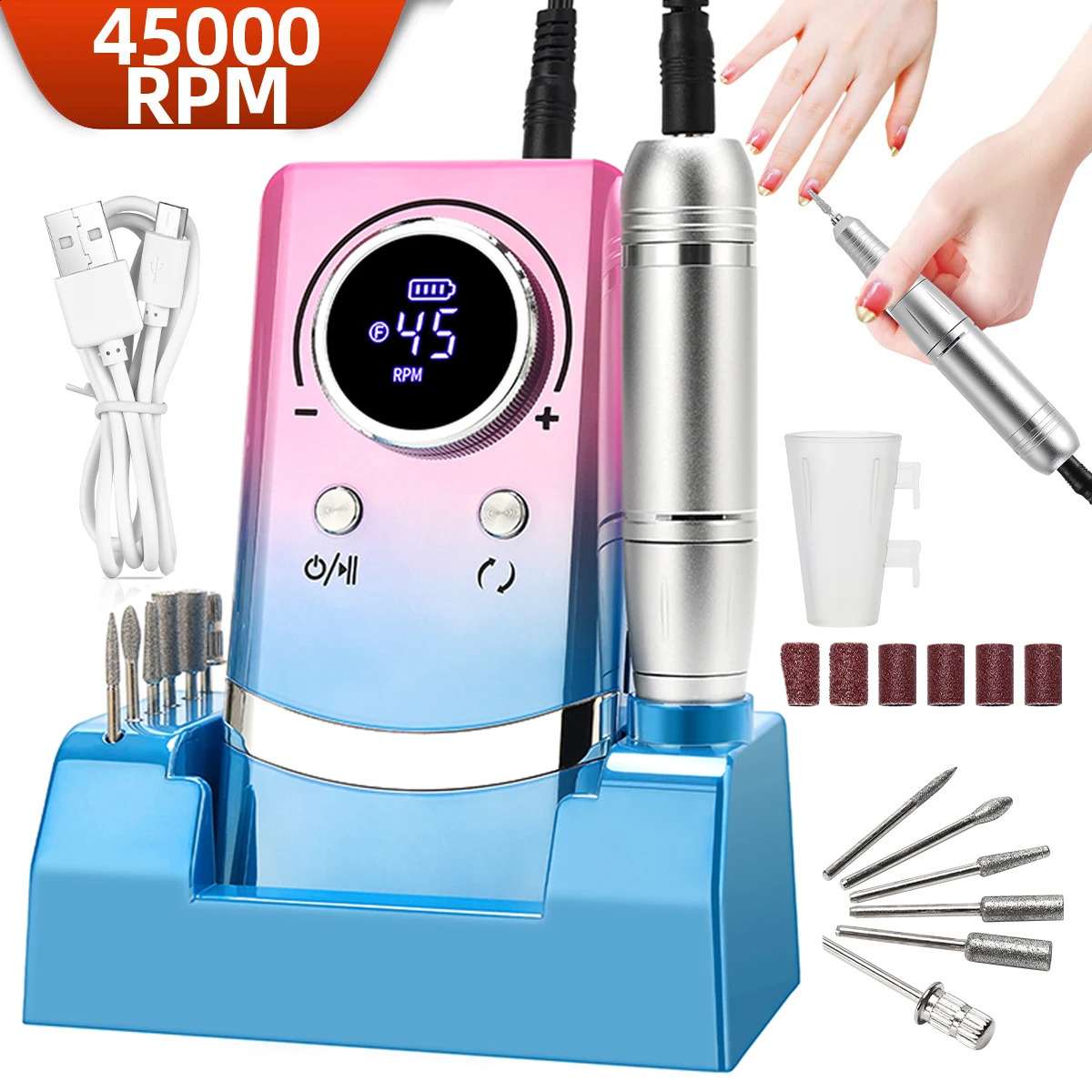 Professional 45000RPM Electric Portable Nail Drill Machine With Base Rechargeable Low Noise Nail Sander File For Manicure Salon 250805
