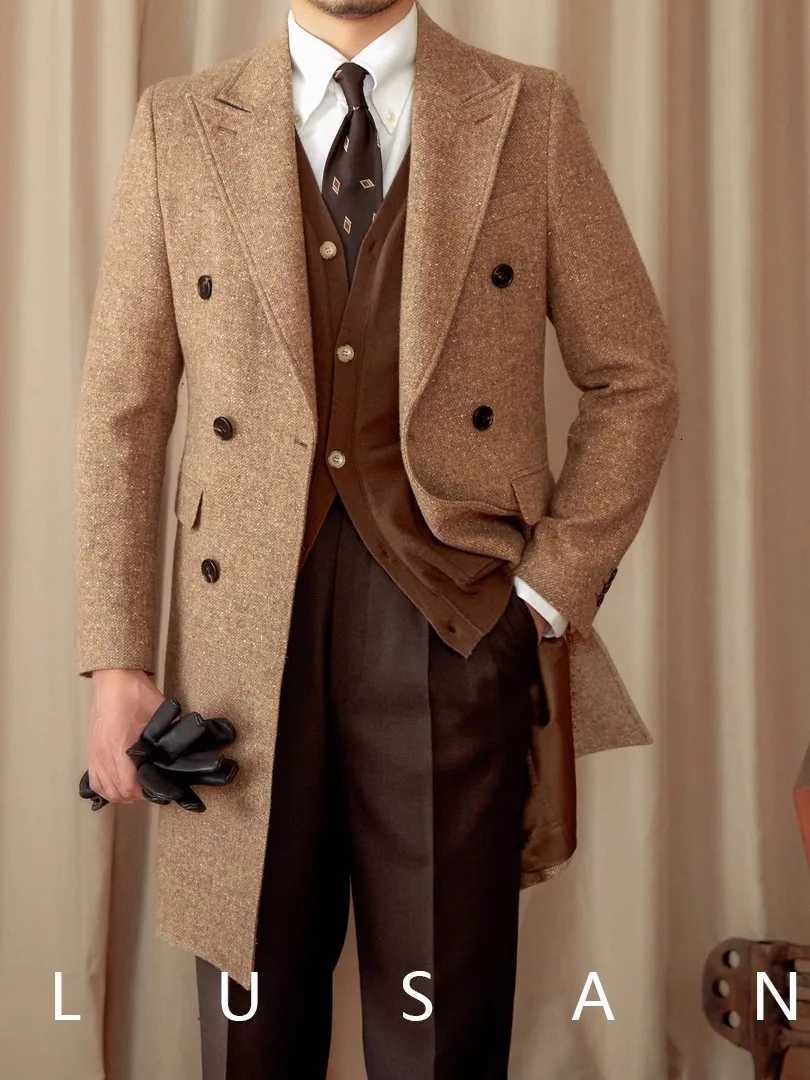 Mens Wool Silk Blend Overcoat| Winter Old Coin Pattern Coat| Double-Breasted Long Jacket| 97% Wool Mulberry Silk Luxury XJ250809