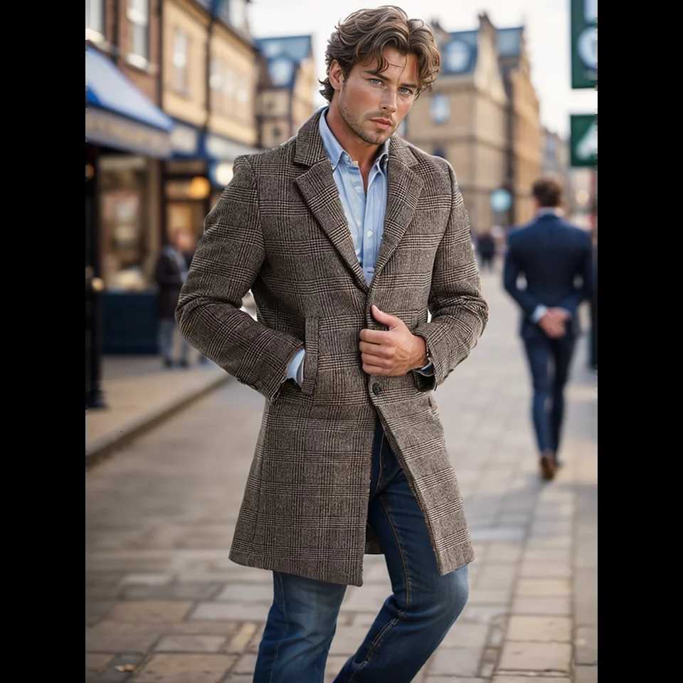 Autumn and Winter Cross-Border Thick Checkered Mens Jacket Medium Long with Cotton Mens Jacket Lapel Mens Coat XJ250809