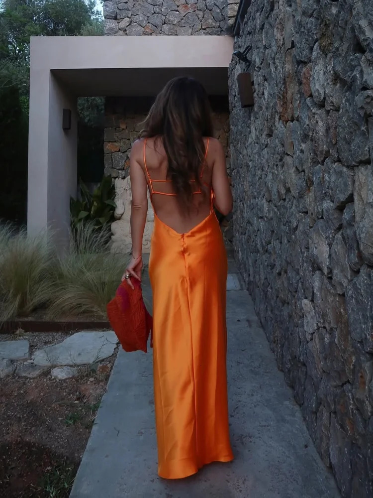 Orange Satin Lace Up Sling Long Dresse Fashion V Neck Backless Sleeveless Maxi Robe Summer Female Evening Party Club Gown 250804