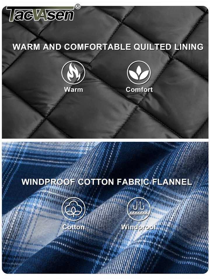 TACVASEN Winter Plaid Cotton Jackets Mens Long Sleeve Quilted Lined Flannel Shirt Jacket Multi-Pockets Outwear Hiking Coats Tops W250809