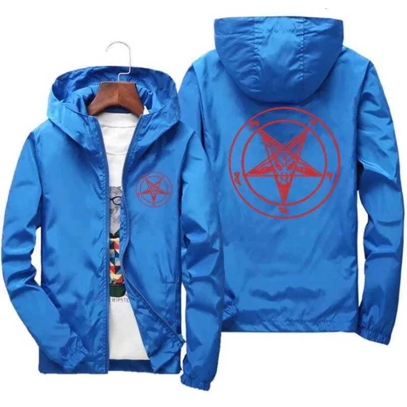 Mens Pentagram Men Church of Satan Baphomet Knights Templar Pentagram Thin Hooded Windbreaker T-Shirt Coat Pilot Jacket 7XL W250809