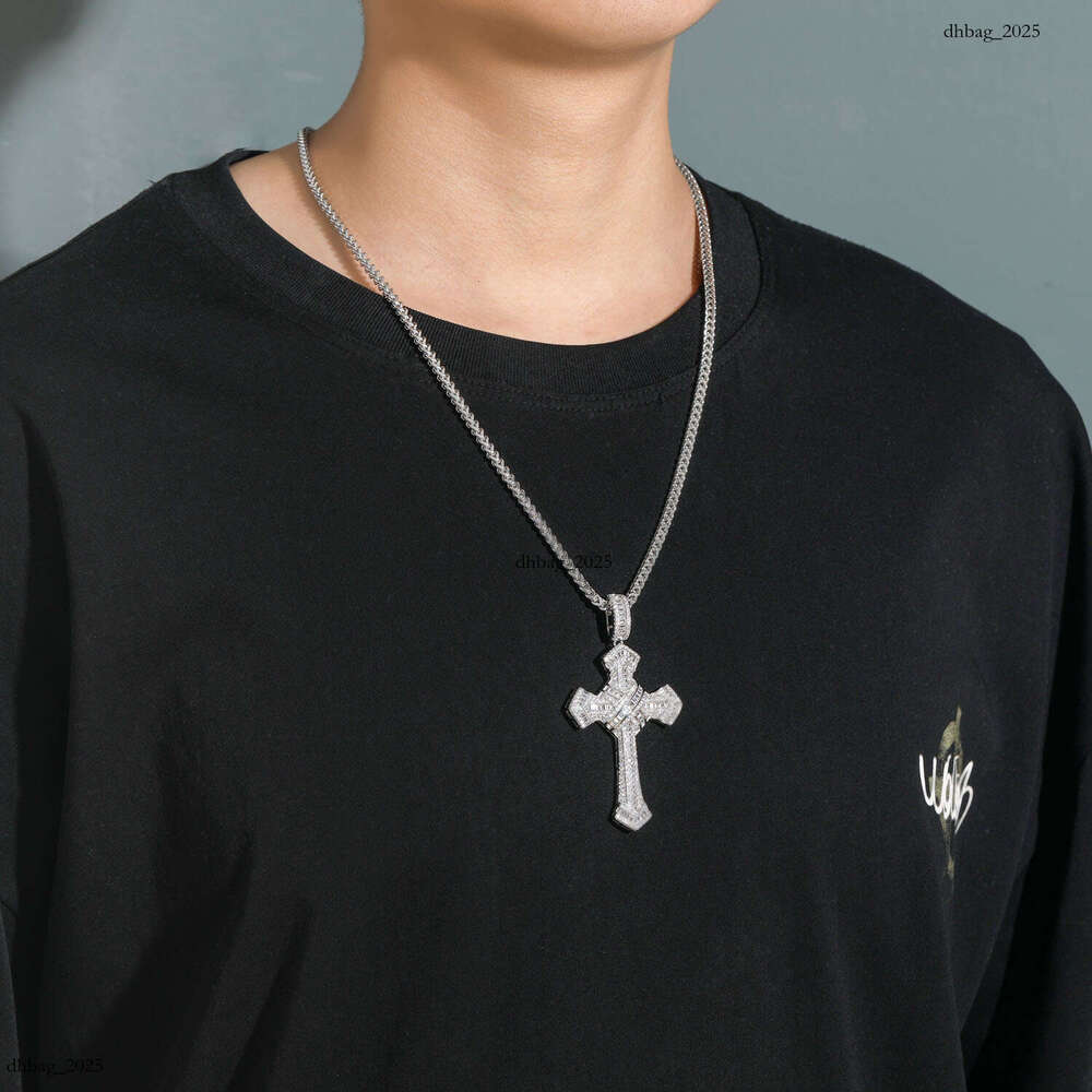 Cross Pendant Cubic Moissanite chain Personality Men's Hip Hop Necklace Sterling Silver Reversible Chain
