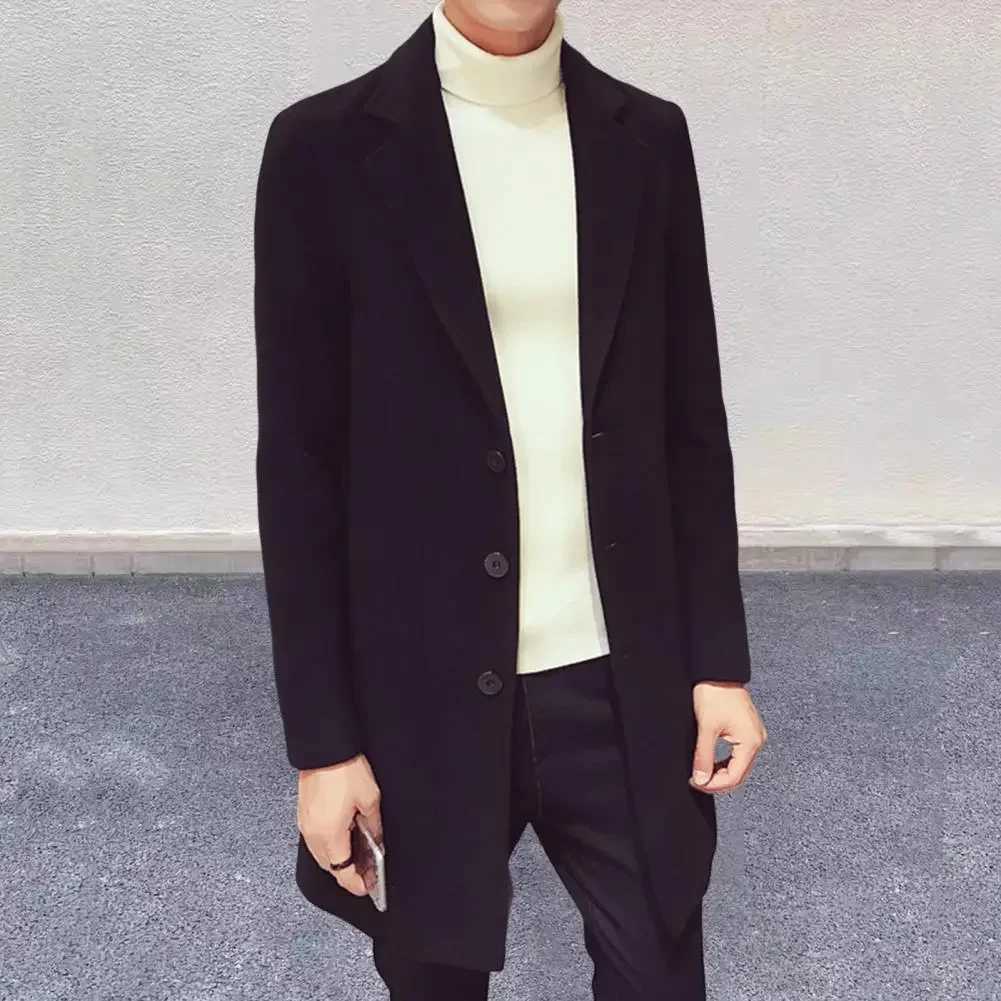 Woolen Fabric Overcoat Elegant Mens Woolen Suit Coat with Lapel Slim Fit Single-breasted Mid-length Jacket for Autumn Winter XJ250809